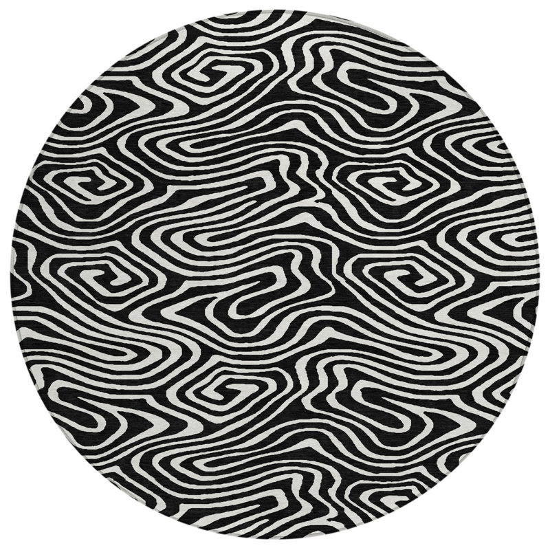 Tapis extérieur rond lavable noir et ivoire HomeRoots 8 pi