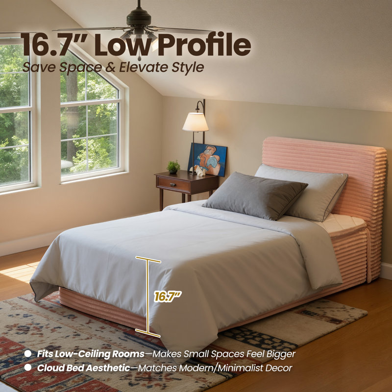 Compression Packed All-in-one Plush Upholstered Platform Bed With Built-in Foam Mattress, Twin, Twin, Pink