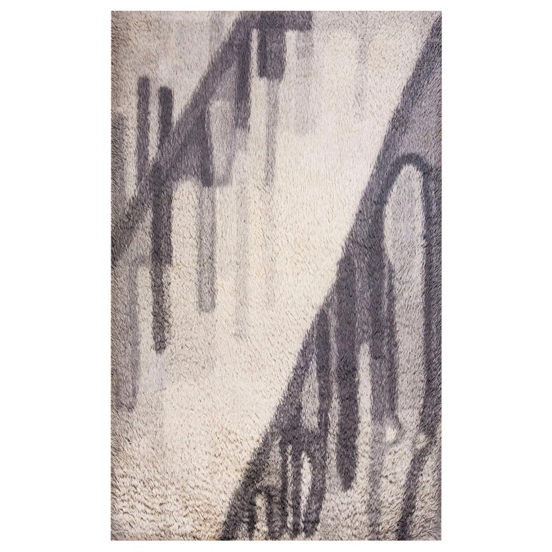 1960s Gray Abstract Vintage Swedish Rya Carpet 6'2"x9'6" Knotted Wool Rug