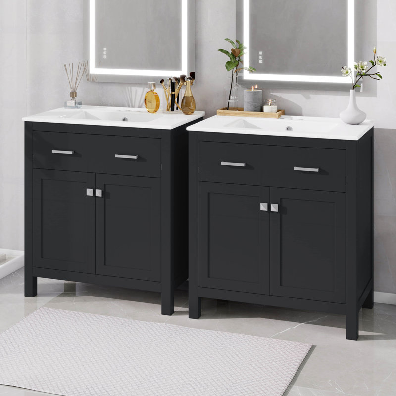 60" Bathroom Vanity Set With Double Sink, Vanity Cabinet With Flip Drawer, 2 Doors, And Adjustable Shelf, Solid Wood Bathroom Cabinet