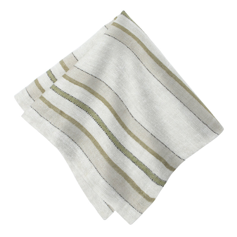 Natural and Olive Striped Linen Square Napkin Set of 4