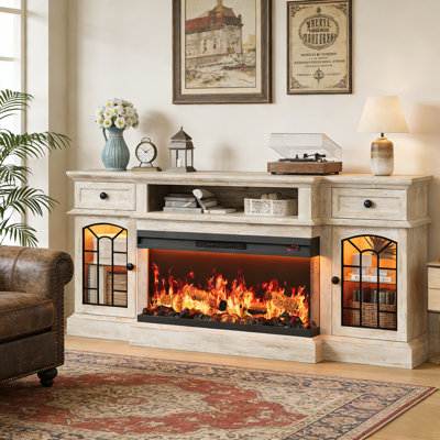70" Farmhouse Fireplace Tv Stand For Tvs Up To 80", Entertainment Center With 36" 3-side Glass Electric Fireplace With Open Shelf And Cabinet, Tv Cons by August Grove
