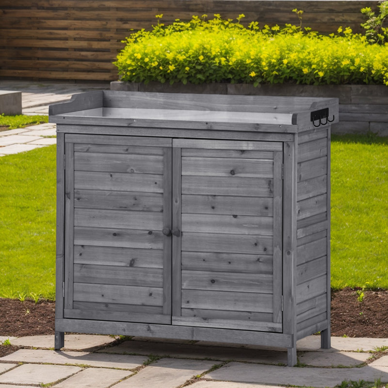 Banc de rempotage rustique en bois avec plateau galvanisé, rangement à 2 niveaux et crochets latéraux, Gris