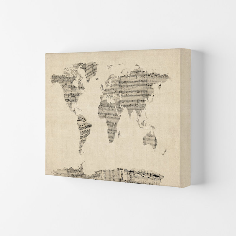 Sheet Music Map Of The World by Michael Tompsett - Print, Wrapped Canvas, 29.7cm H x 42cm W x 4cm D
