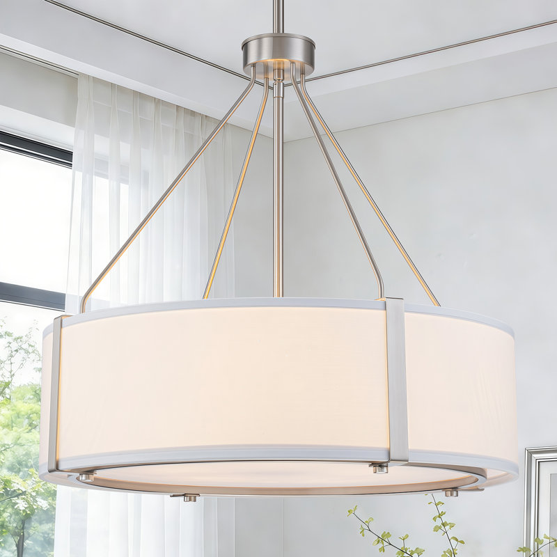 Agathon 5-light Transitional Drum Chandelier With Fabric Shade & Bottom Acrylic Diffuser, Brushed Nickel