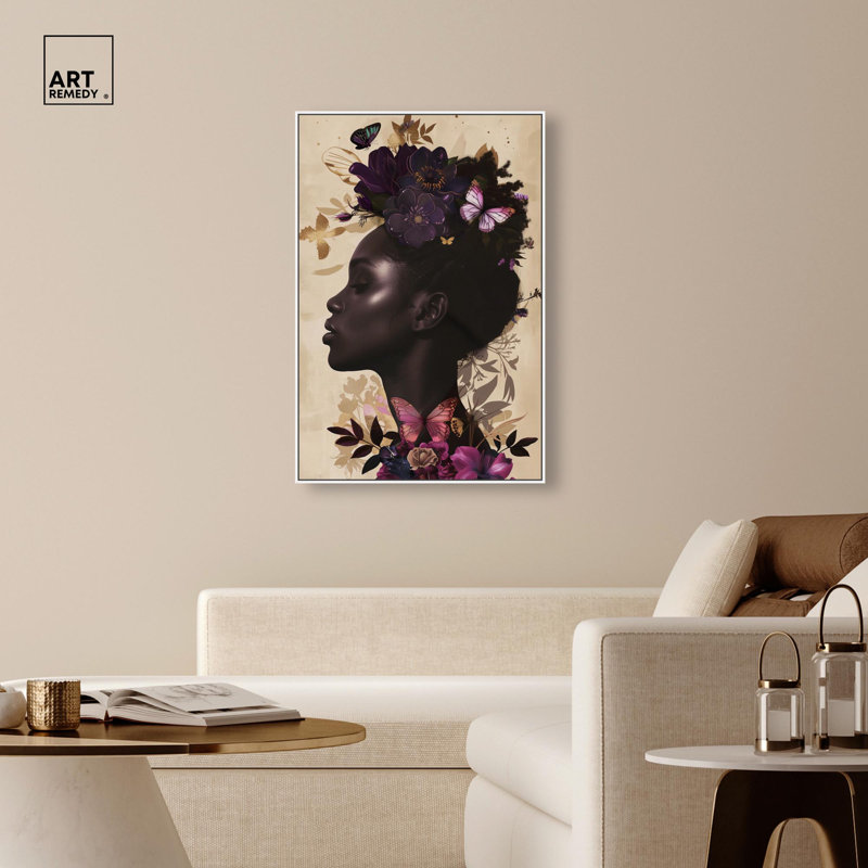 Art floral sur toile Butterfly Passion , H 46 po x l 31 po, Cadre flottant blanc