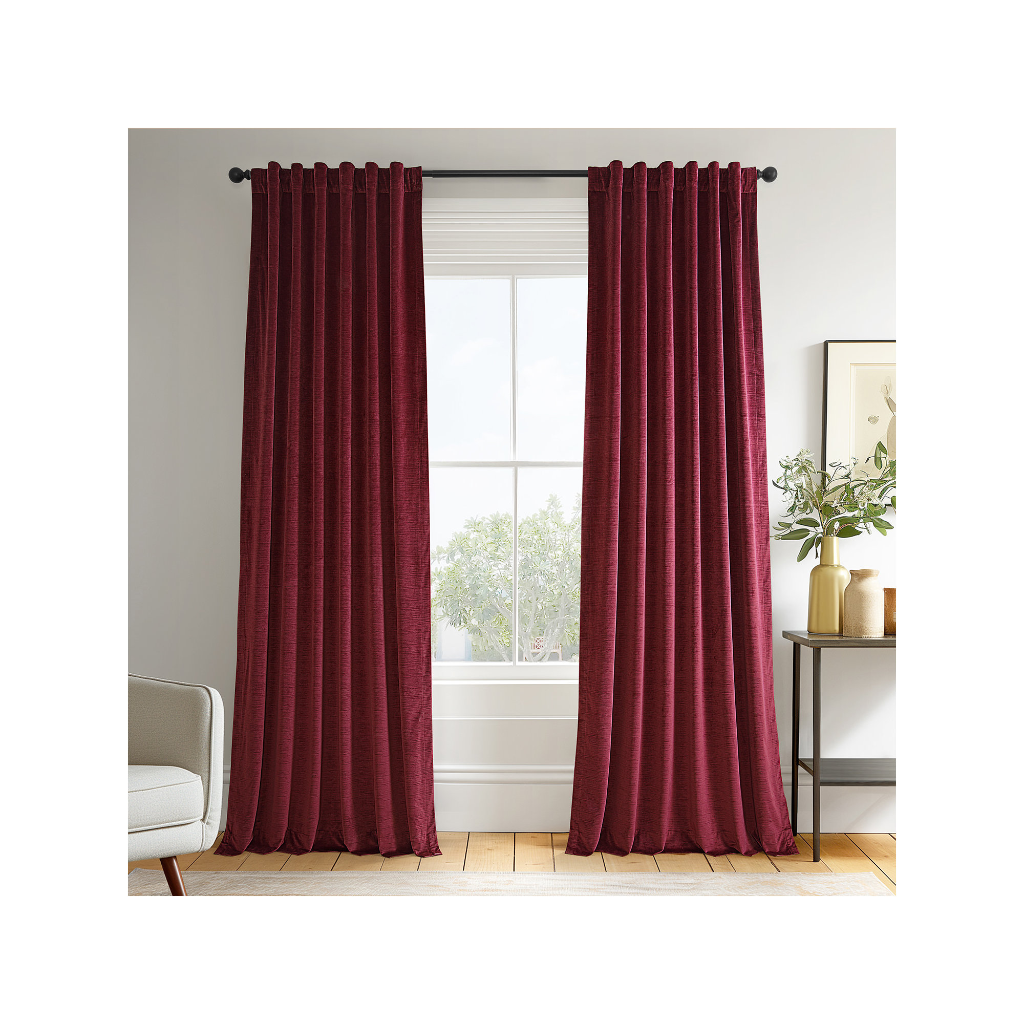 Ravello Burnout Velvet Curtains (1 Panel) Room Darkening Curtains For Bedroom & Living Room Curtains, Dark Red