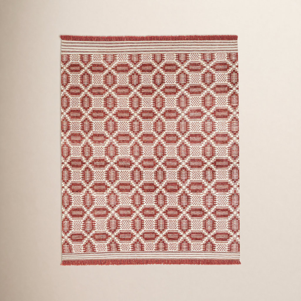 Caden Red White Hand-Knotted Geometric Rug, Rectangle 7'6" x 9'6"