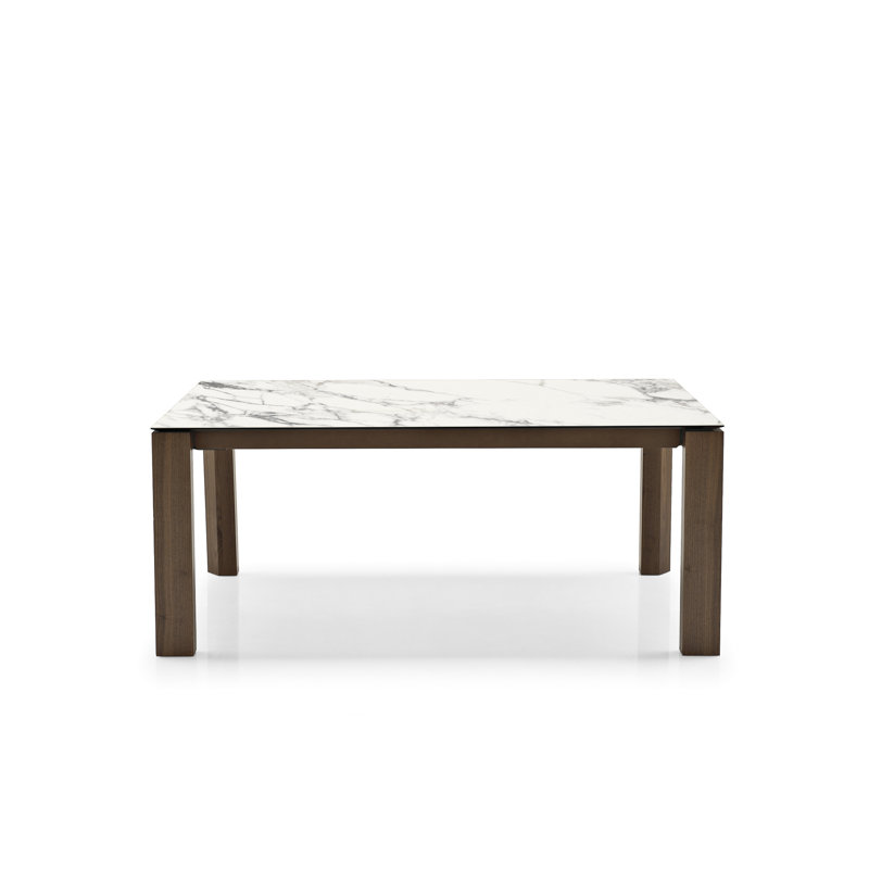 Omnia Extendable Table with Rectangular Top and Wooden Legs, White Marble Ceramic, Smoke Veneer