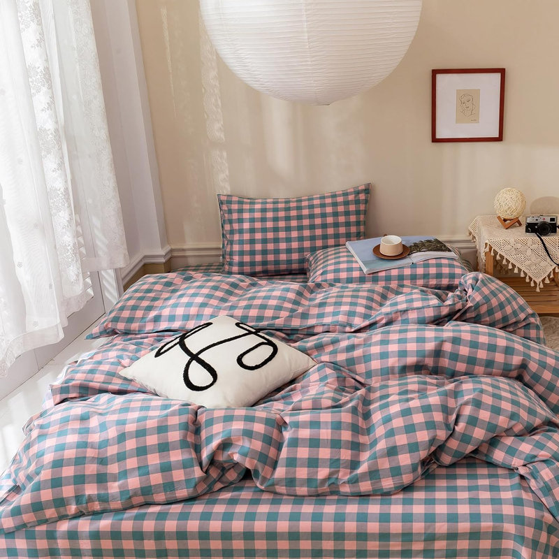 Ensemble de housse de couette douce en coton délavé Boho, Housse de couette grand et 2 taies d'oreiller stan, Rose / bleu