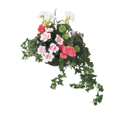 Artificial Azalea And Geranium Display In A 10" Round Willow Hanging Basket