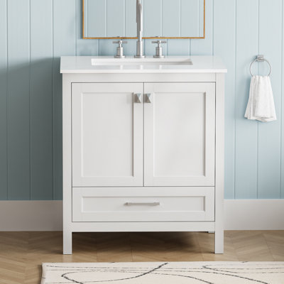 Meuble-lavabo autoportant de 30 po avec lavabo, comptoir en marbre d'ingénierie Carrara avec lavabo rectangulaire encastré en céramique, grande porte de rangement à fermeture en douceur, structure en bois massif