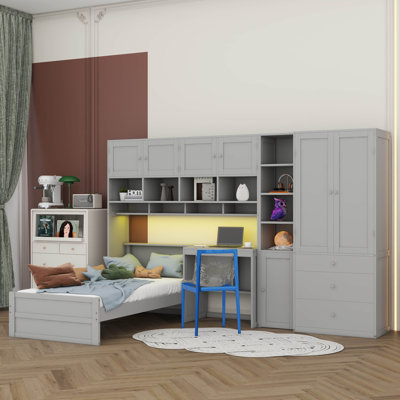 Lit plateforme simple avec tablettes de rangement, bureau et éclairage à DEL, lit plateforme en bois avec armoires, tiroirs et garde-robe