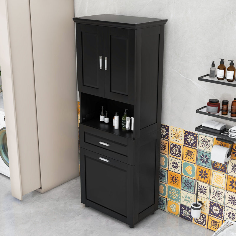 Graisyn Tall Bathroom Cabinet with Integrated Laundry Basket and Adjustable Shelf, Black