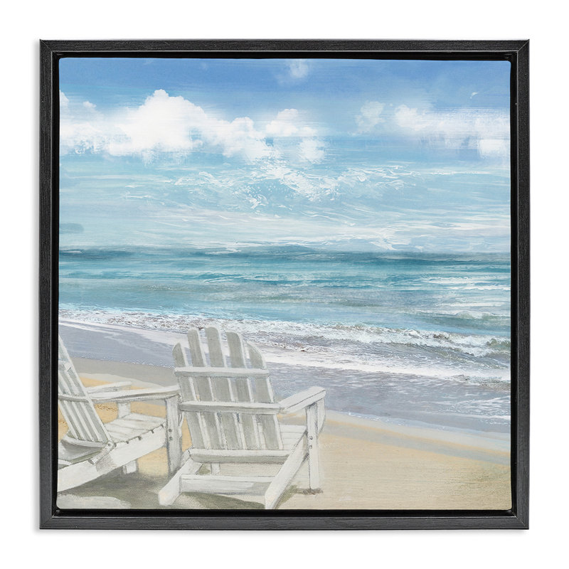 Chaises Adirondack blanches sur la plage, H 18 po x l 18 po, Cadre flottant noir de jais
