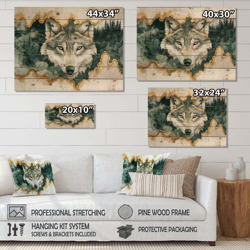 Loup en hiver, forêt, rivière à encre II - loup, art mural en bois sur bois de pin naturel, H 34 po x l 44 po x P 0,78 po