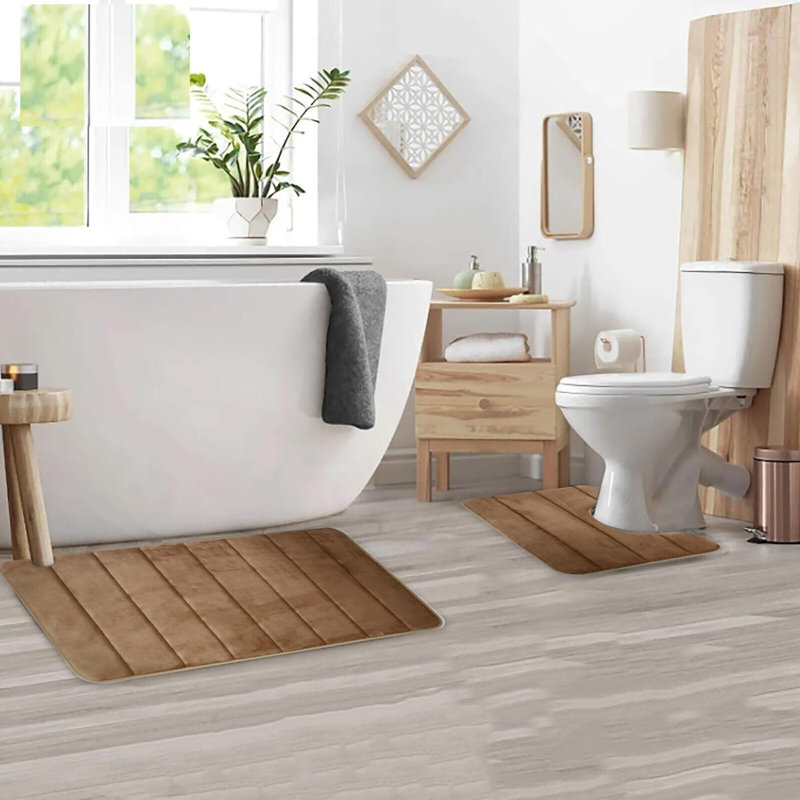 Marylise Rectangle Bath Mat Memory Foam Soft Bath Mat Sleek Stripe Set 2 Piece Bathroom Contour Rug