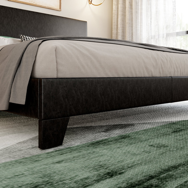 Avel Simple Rectangular Upholstered Platform bed, Black Faux Leather, King