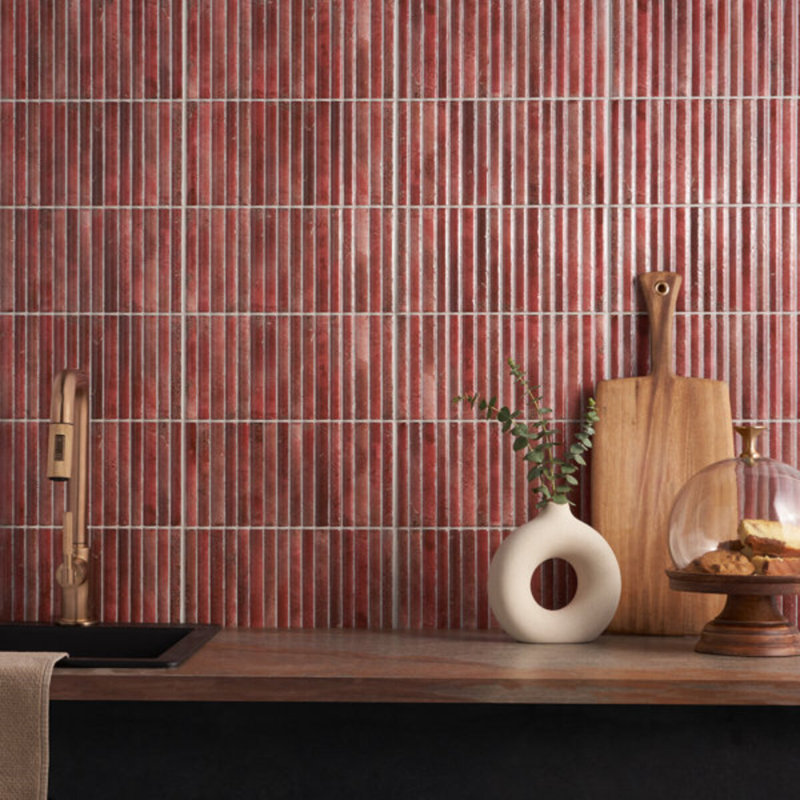 Curve Fluted 6X12 3D Glossy Ceramic Tile, Red