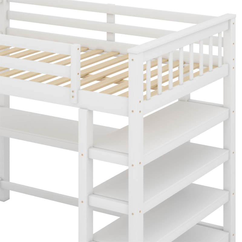 Lit mezzanine avec tablettes de rangement et bureau sous le lit, Blanc