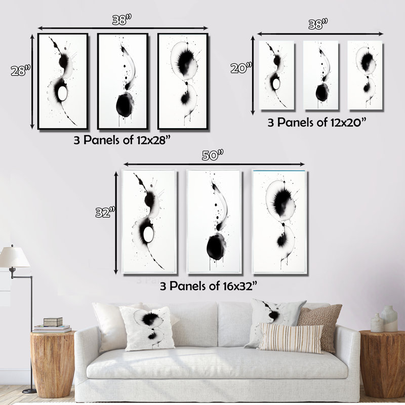 Subtle Ink Monochromatic Symphony VIII - Abstract Painting Art Set Of 3 Pieces, Cadre blanc, H 20 po x l 36 po