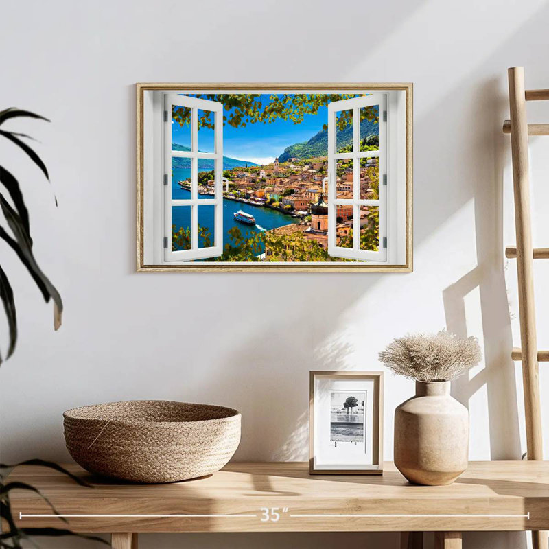 Fenêtre sur Limone Sul Garda, 19 po x 13 po, Cadre flottant en bois naturel