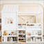 Lit mezzanine pleine grandeur avec tablettes et escaliers de rangement, lit mezzanine maison avec toit en forme de maisonnette et fenêtre, conception enfantine et sans sommier, blanc