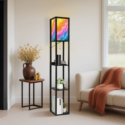 Dimmable LED Standing Floor Lamp Abstract Watercolor Waves Pink Purple Blue Colors Rainbow, MDF Frame Floor Lamp with Remote Control, 3 Color Light, f