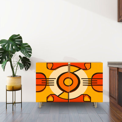Vintage Mid Century Modern Sideboard Buffet Cabinet with Storage Geometric Retro Orange Yellow Abstract Design with 2 Doors for Living Room and Kitchen