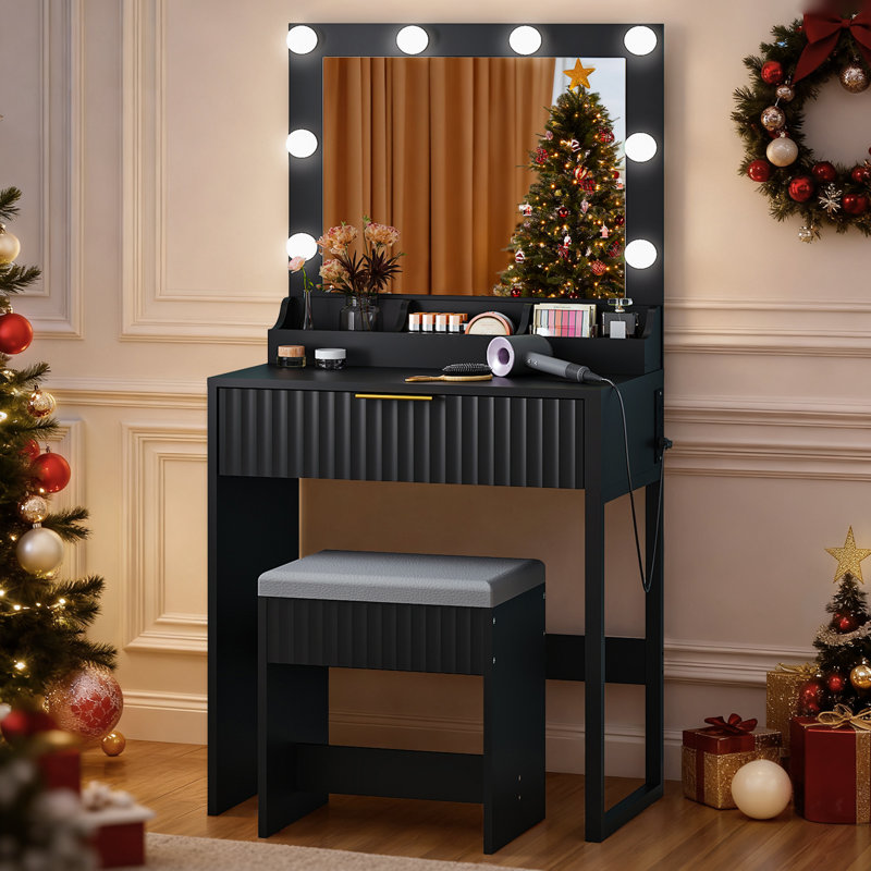 Dressing Table Set - 1 Drawer & 3 Compartments, 8 Dimmable Bulbs, Black
