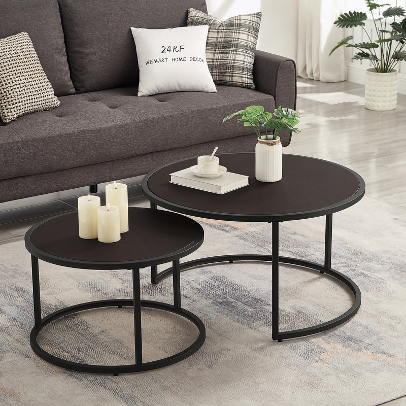 Ensemble de 2 tables basses modernes en similicuir avec base en métal doré, table d'appoint pour salon, Marron foncé, Noir