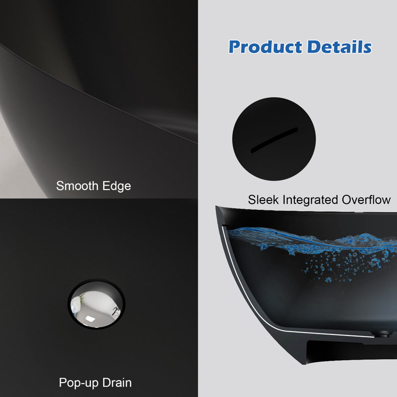 65" x 30" Freestanding Solid Surface Soaking Bathtub with Pop-Up Drain & Overflow, CUPC Certified, Elegant Design for Modern Bathrooms