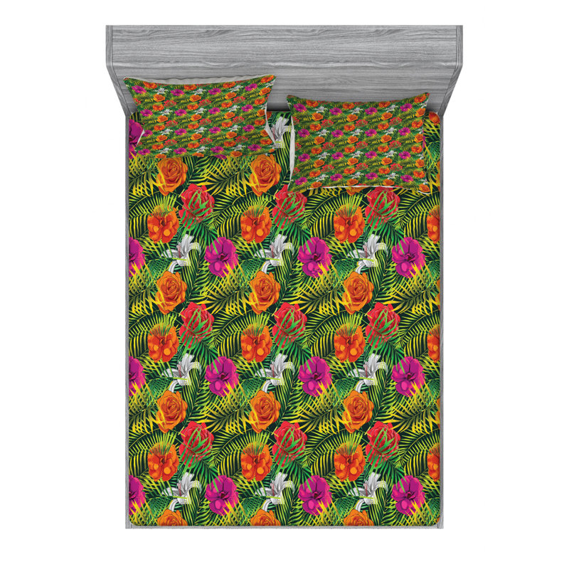 Ensemble de draps-housses en microfibre Orchids, Drap-housse pour lit double avec deux taies d'orei