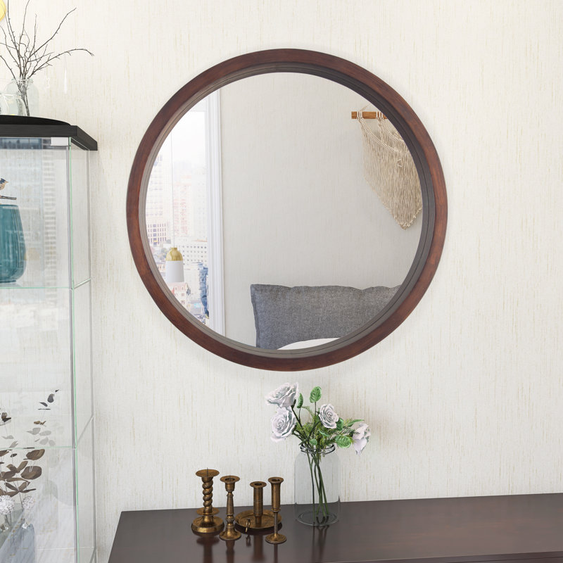 Miroir rond trempé pour salle de bain, 24 po x 24 po, Noyer brun, Bois