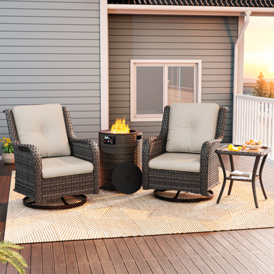 2-Person Outdoor Patio Conversation Rattan Seating Group With 2-In-1 Propane Fire Pit Table,2 Swivel Chairs and Beige Cushions