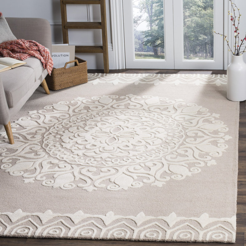 Overturf Floral Hand-Tufted Wool Beige/Ivory Area Rug, Rectangle 4' x 6'