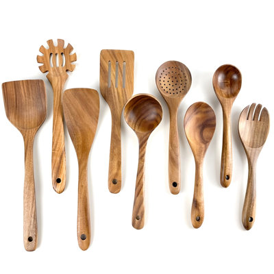Ensemble d'ustensiles de cuisine en bois de teck, 9 pièces, résistant à la chaleur, antiadhésif, cuillère, louche, fourchette, outils de cuisine bruns
