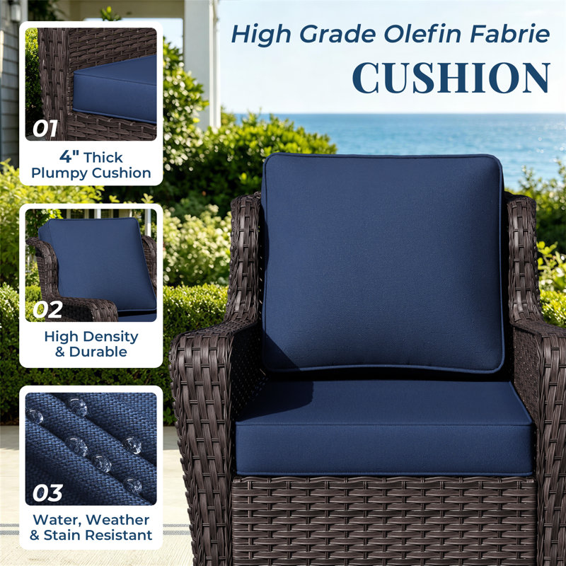 5-Piece Patio PE Wicker Outdoor Set with Side Table,Swivel Chairs,Ottomans & Blue Cushions, Blue