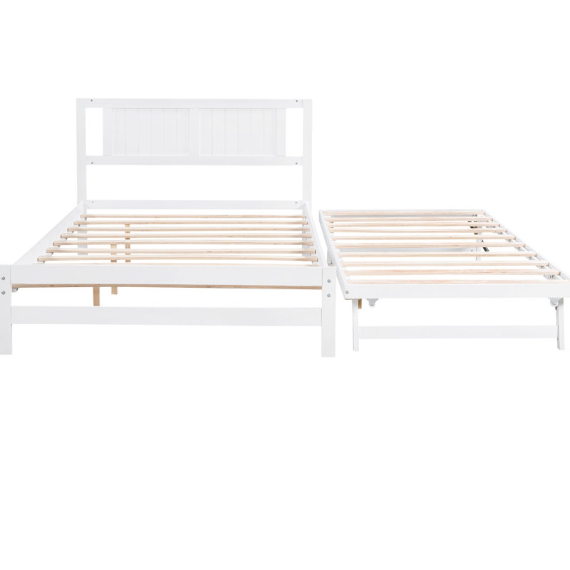 White Full Size Platform Bed With Adjustable Trundle - Constructed Quality Pine Wood And In Solid Construction For Maximum Support