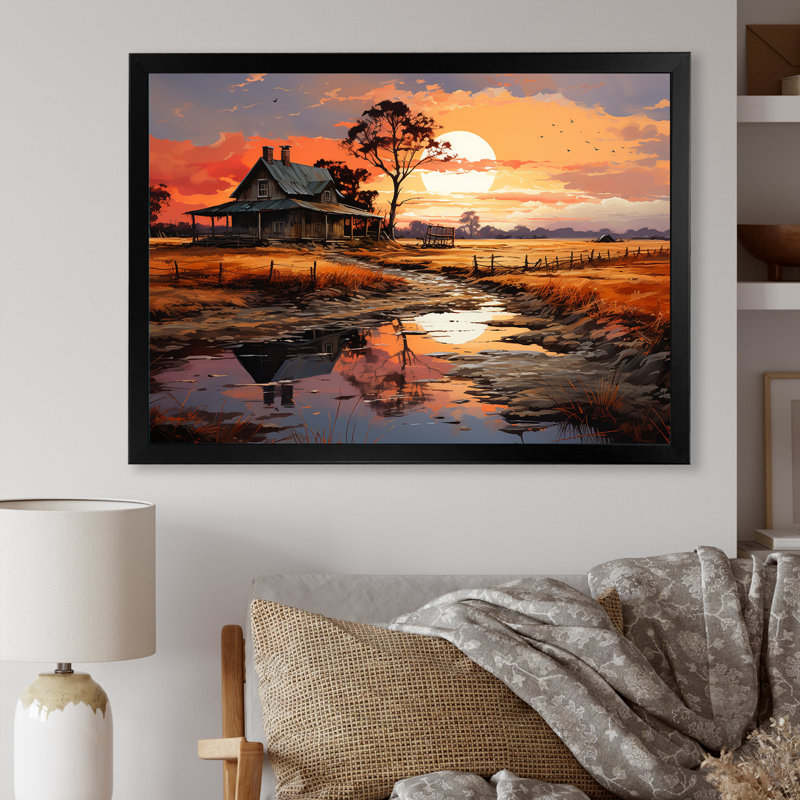 Barns Sunrise Country Charm sur toile, H 34 po x l 44 po x P 1,5 po, Cadre photo noir
