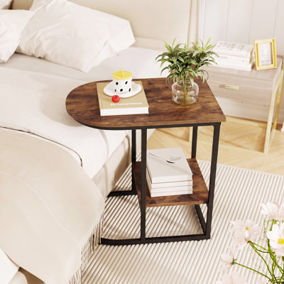 2 PCS C-shaped Side Table 2-Tier End Table with Storage Modern Compact Snack Table Brown