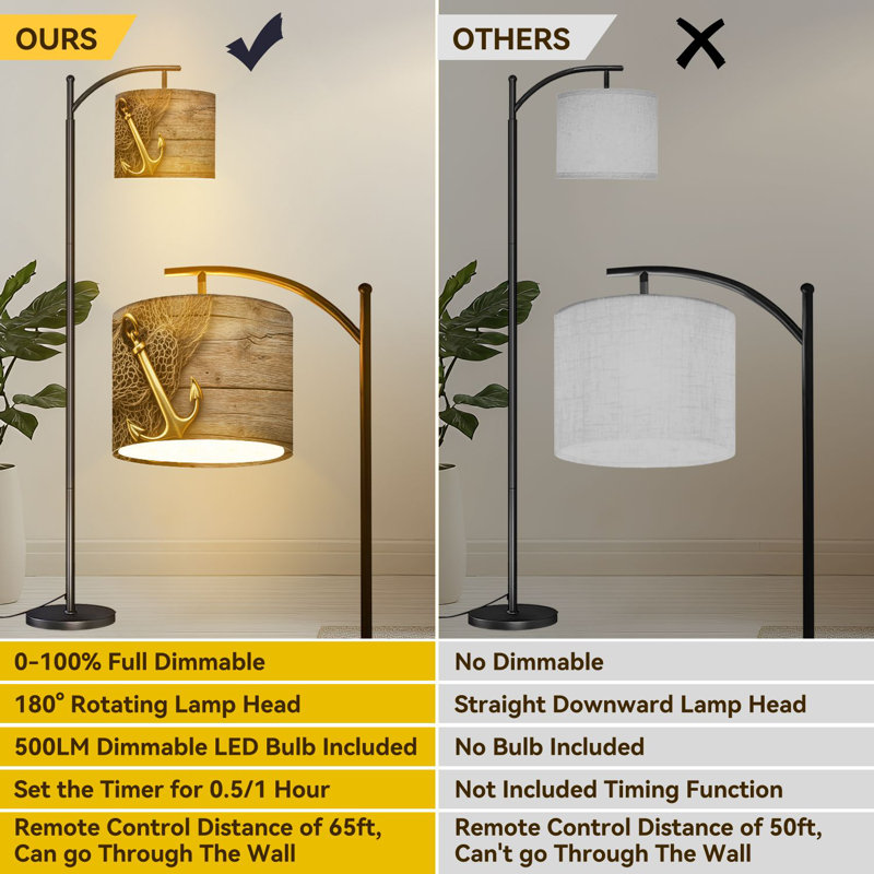 Lampe sur pied à arc en bois avec lampes à DEL et abat-jour réglables