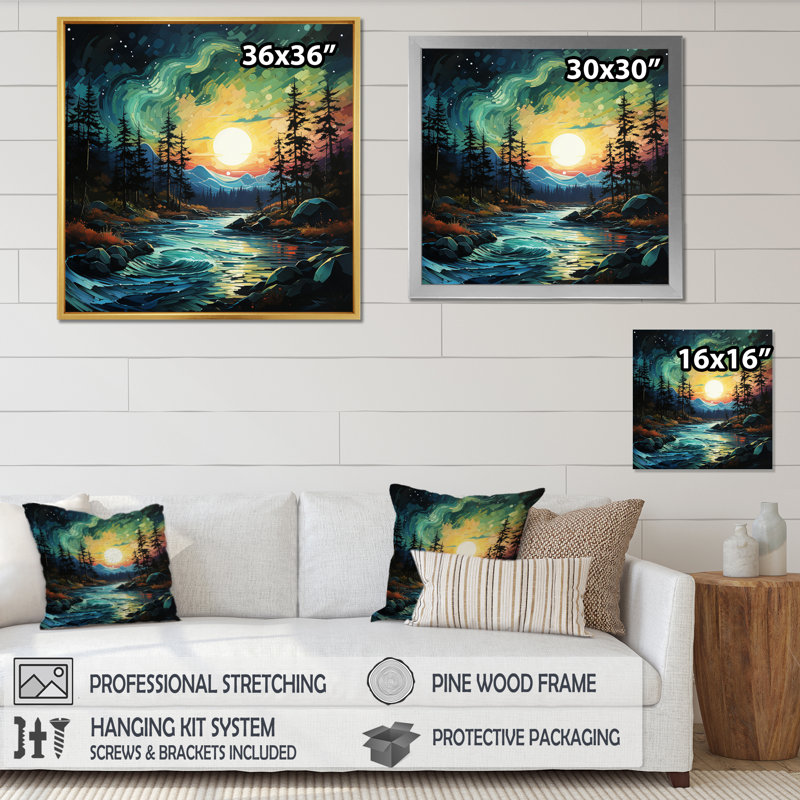 Paysage, aurores boréales V - impression, Cadre flottant doré, H 36 po x l 36 po x P 1,5 po
