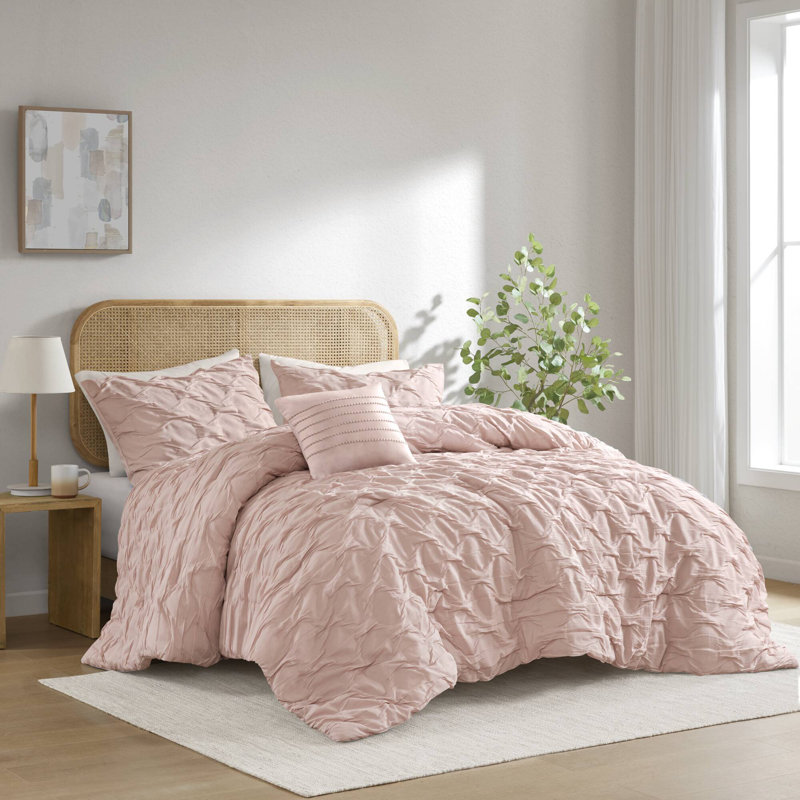 Ensemble d'édredon tissé anti-froissement Bailey Diamond Pucker, Édredon double / grand + 2 taies décoratives sta, Rose