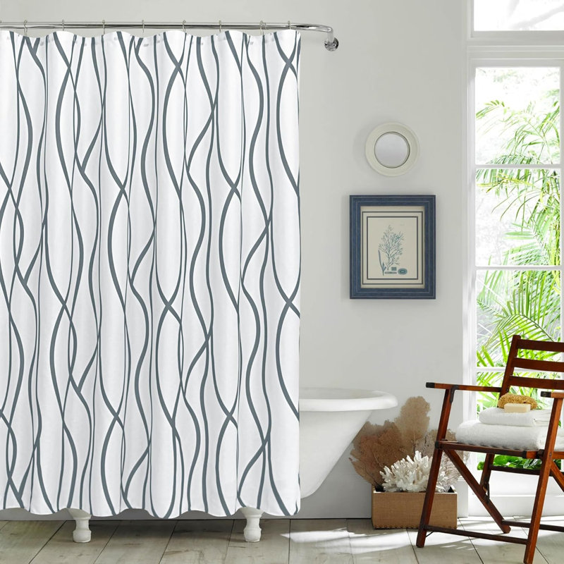 Très long rideau de douche en tissu texturé - conception moderne en lin rayé, qualité hôtelière luxueuse, lavable à la machine, convient aux baignoires et douches standard