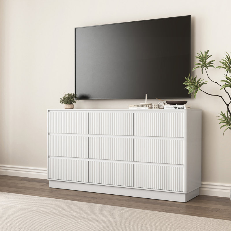 Commode 9 tiroirs pour chambre à coucher avec grands tiroirs, commode en bois, grande commode de plancher, long meuble télé moderne, table d'appoint avec rangement Mid-Century, blanc