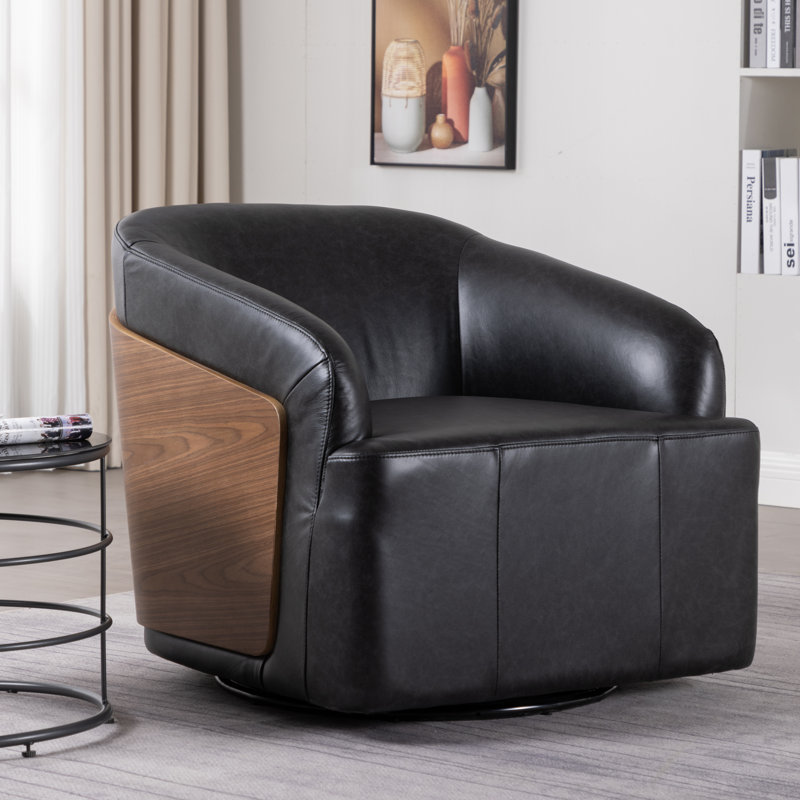 Fauteuil demi-tonneau pivotant en cuir véritable, Noir rétro
