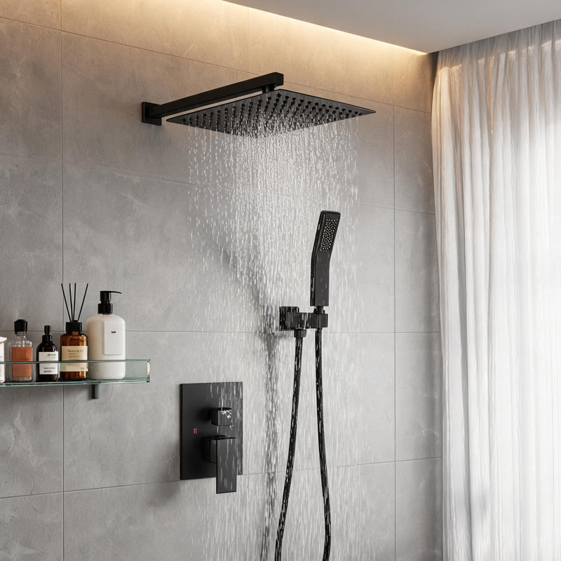 Pomme de douche murale 12 pouces en laiton noir mat et acier inoxydable avec douchette à main et soupape d'équilibrage de pression
