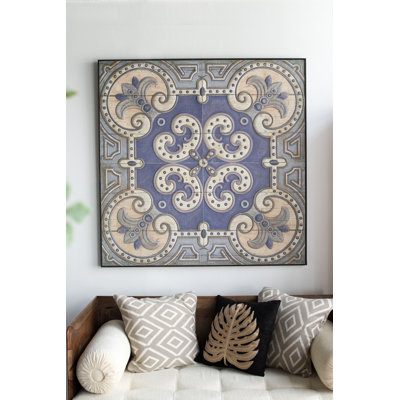 48" x 48" Large Wall Art Panel, Square Wall Decor for Living Room Dining Room Office Bedroom Refined pattern with blue accents Oversized wall tile