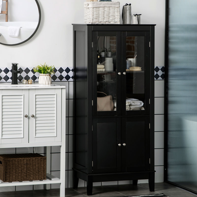 Armoire de salle de bain, 2 espaces de rangement avec porte en verre trempé, tablettes réglables, tiroir 2 portes noir pour le salon